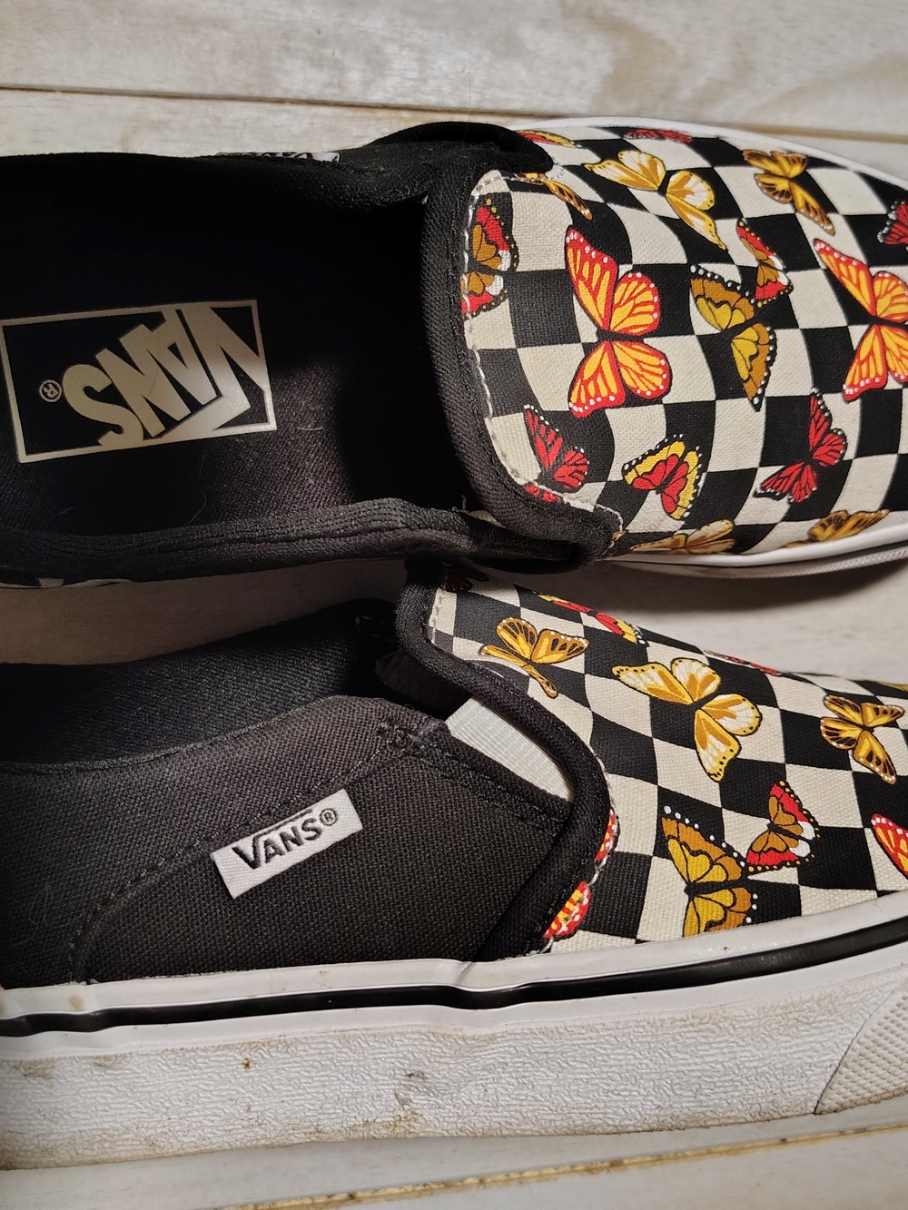 Vans Checkerboard Slip-On Sneakers with Yellow & Red Butterfly Print - Picture 2 of 5